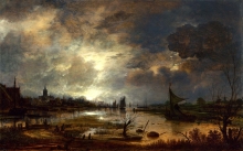 212/neer, aert van der - a river near a town, by moonlight